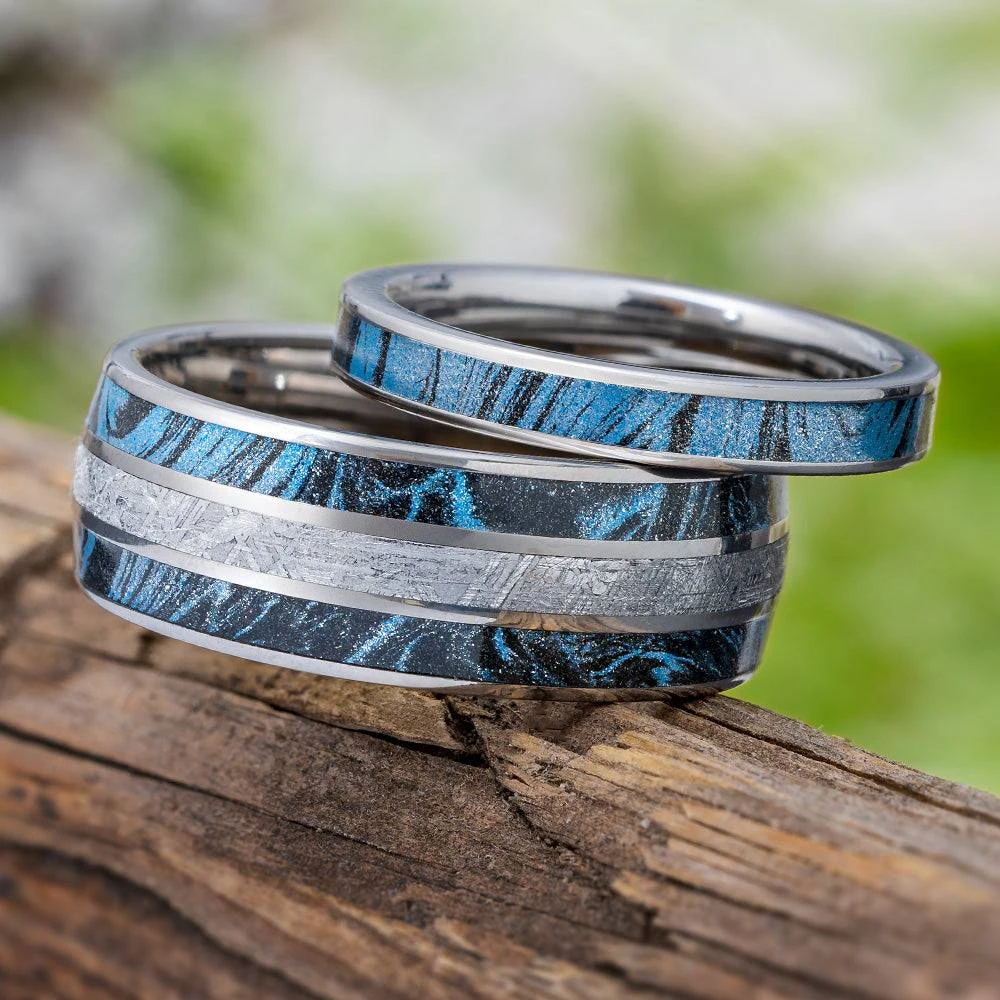 His & Hers Blue Ring Set With Meteorite And Mokume 3 His & Hers Blue Ring Set With Meteorite And Mokume