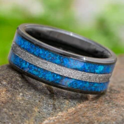 Blue Crushed Opal & Meteorite Wedding Band
