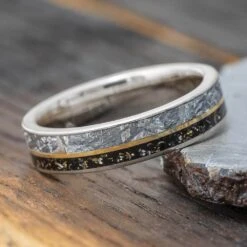 Thin Meteorite Wedding Band With Gold Pinstripe