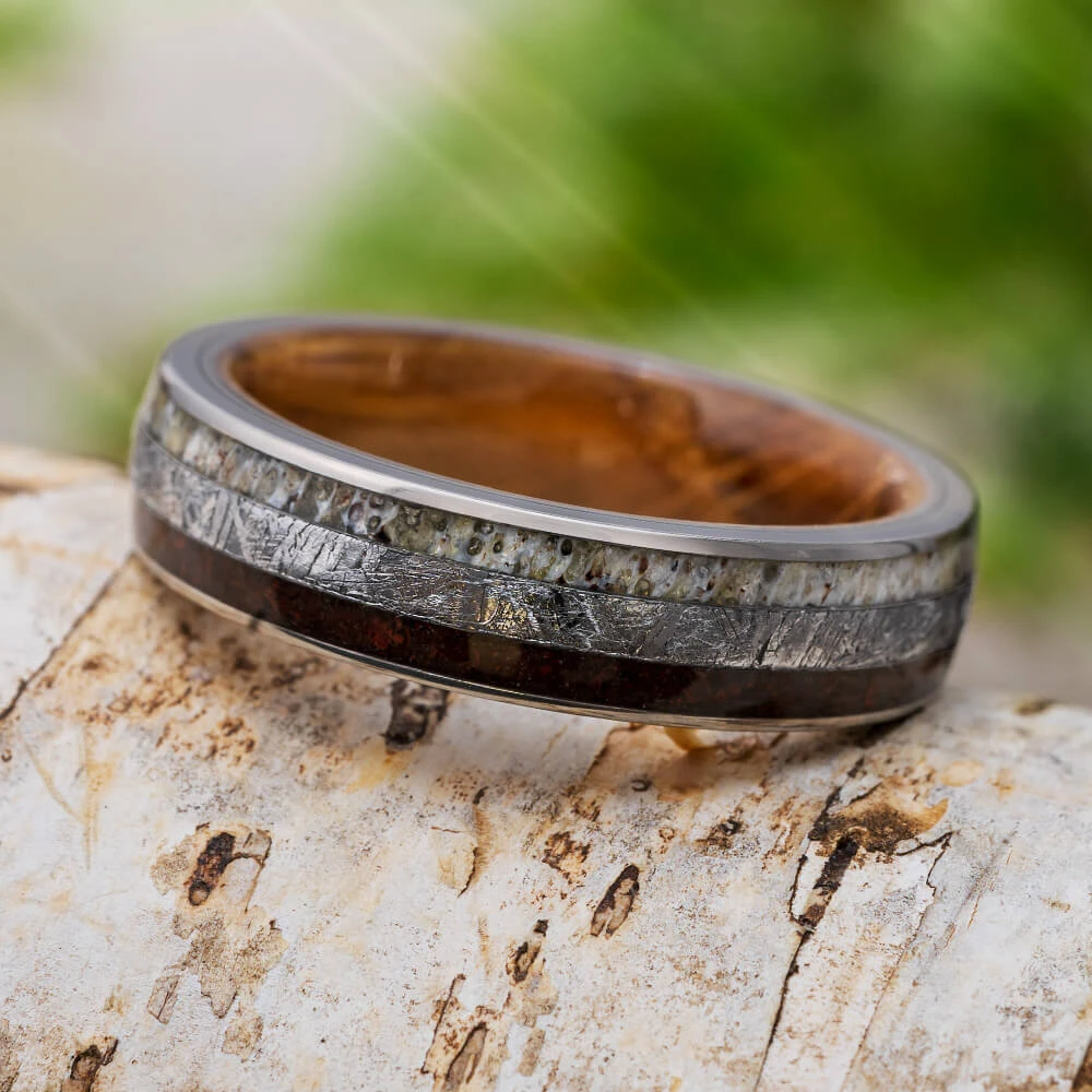 Meteorite And Dinosaur Bone Wedding Band With Whiskey Wood Sleeve 3 Meteorite And Dinosaur Bone Wedding Band With Whiskey Wood Sleeve