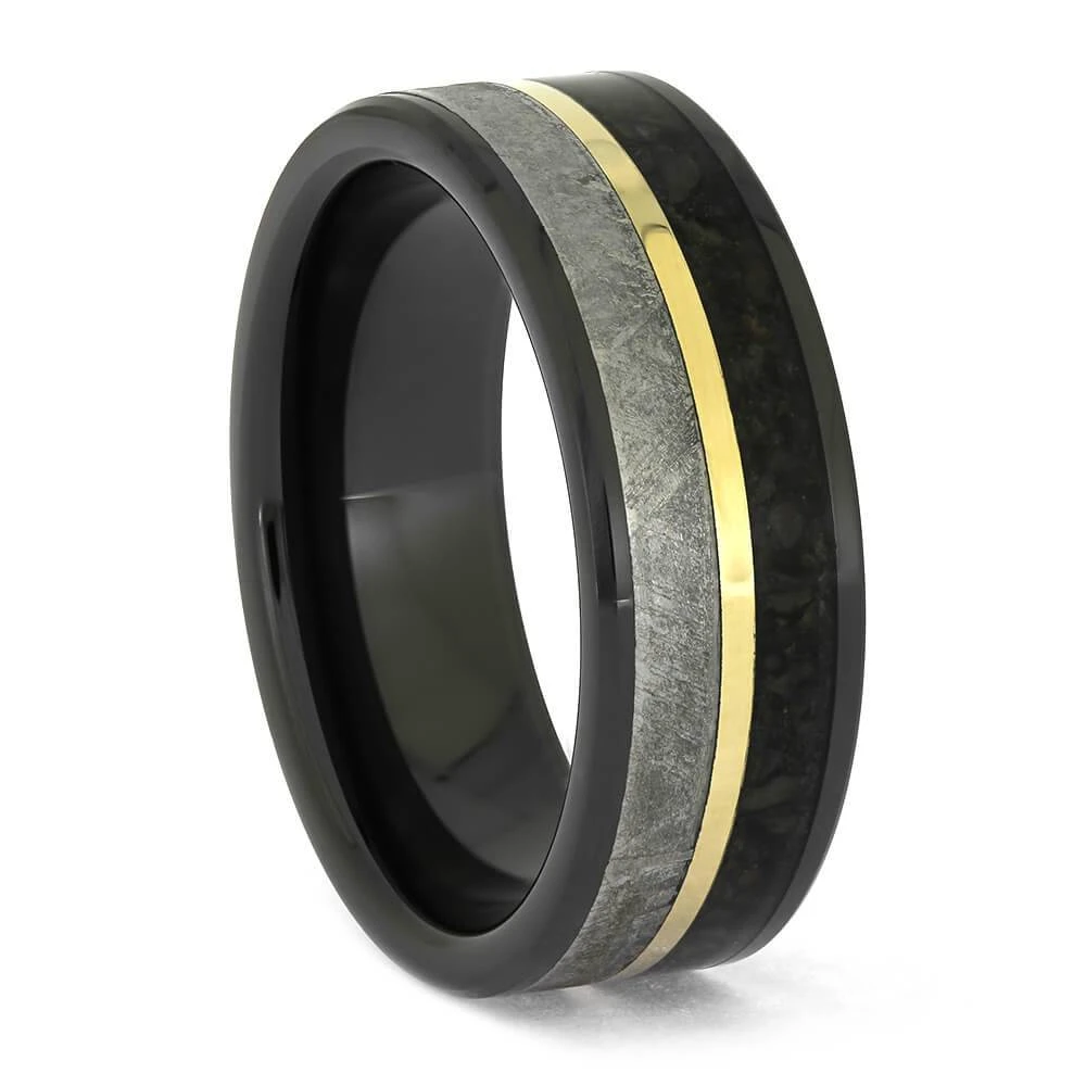 Black Ring With Meteorite, Fossil, And Yellow Gold Pinstripe 4 Black Ring With Meteorite, Fossil, And Yellow Gold Pinstripe - Image 2