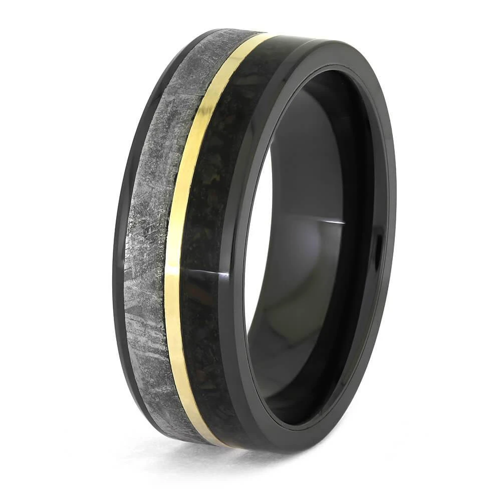 Black Ring With Meteorite, Fossil, And Yellow Gold Pinstripe 6 Black Ring With Meteorite, Fossil, And Yellow Gold Pinstripe - Image 4