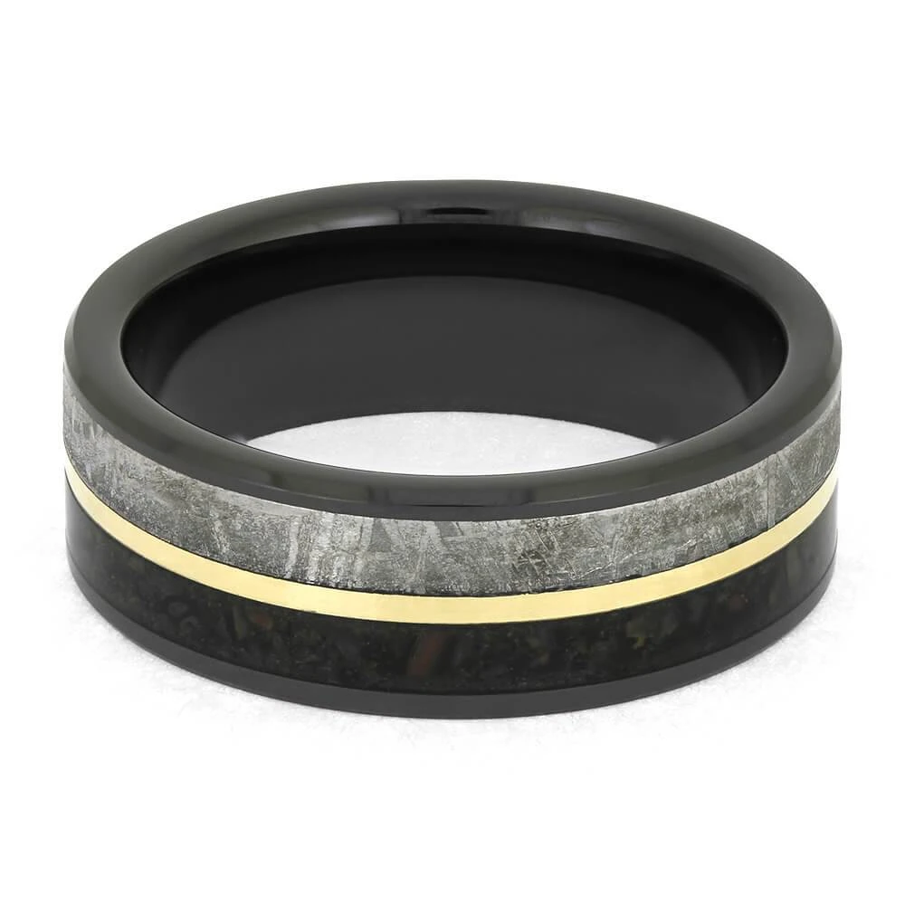 Black Ring With Meteorite, Fossil, And Yellow Gold Pinstripe 7 Black Ring With Meteorite, Fossil, And Yellow Gold Pinstripe - Image 5