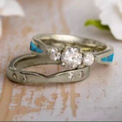 Turquoise Bridal Set, Three Stone Engagement Ring & Matching Band