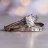 Unique Emerald Cut Engagement Ring & Wedding Band, Meteorite Bridal Set