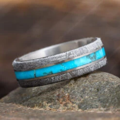 Turquoise Ring For Man With Meteorite Edges Separated By Titanium