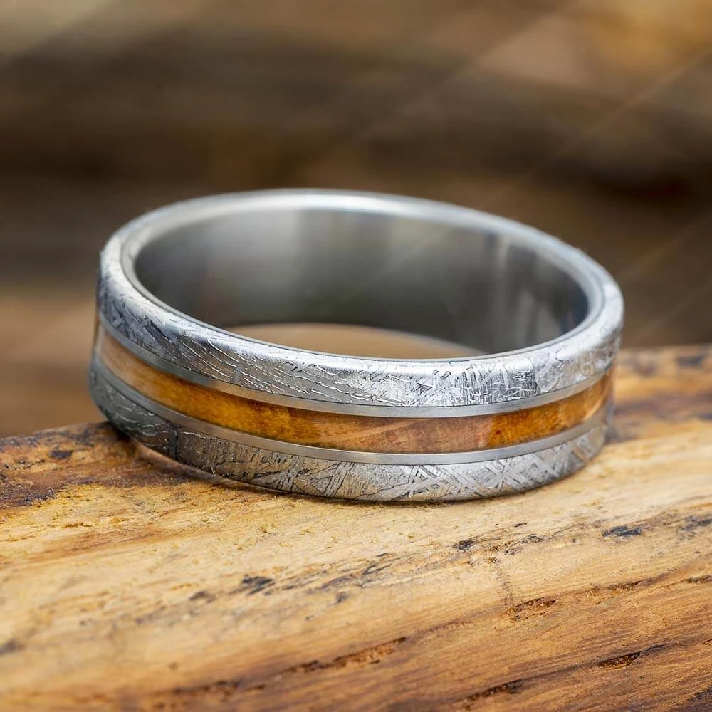 Whiskey Barrel Oak Men's Wedding Band With Meteorite 3 Whiskey Barrel Oak Men's Wedding Band With Meteorite