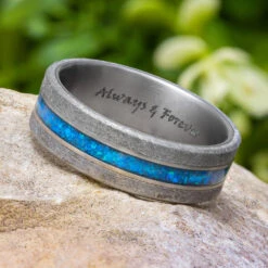 Meteorite And Dark Blue Opal Men's Wedding Band In Matte Titanium 15 Meteorite And Dark Blue Opal Men's Wedding Band In Matte Titanium -Johan Jewelry Shop E4206ArtEngravingCropped 1 3