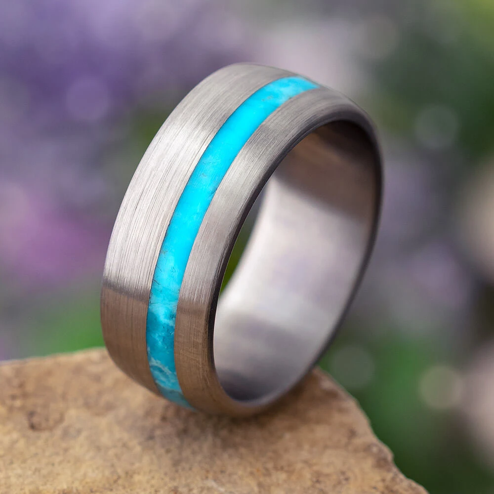 Turquoise Wedding Band With Brushed Titanium Finish 3 Turquoise Wedding Band With Brushed Titanium Finish