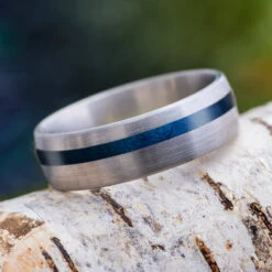 Blue Box Elder Wood Wedding Band With Brushed Titanium