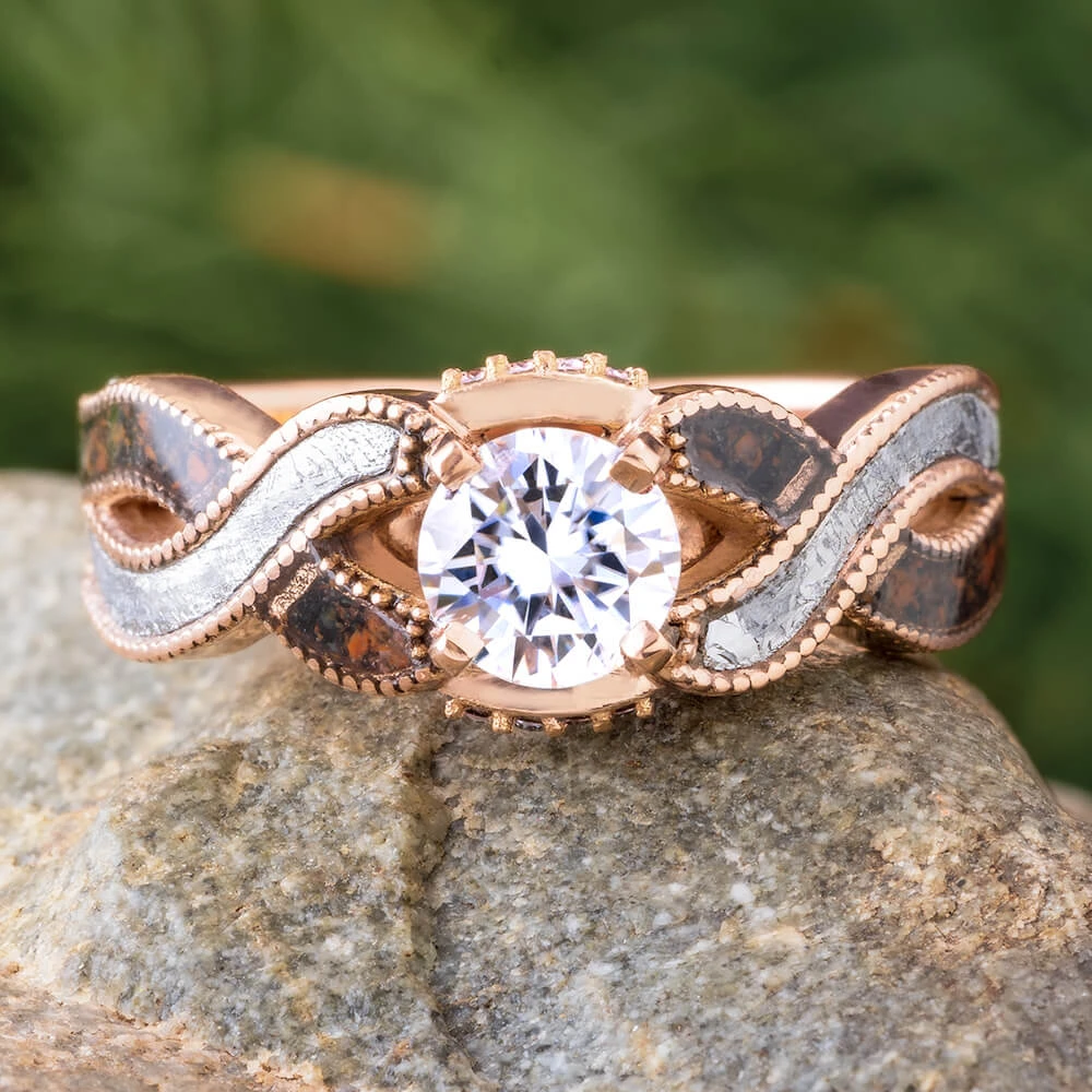 Rose Gold Meteorite & Dinosaur Bone Engagement Ring 3 Rose Gold Meteorite & Dinosaur Bone Engagement Ring