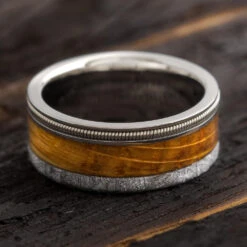 Bass Guitar String Ring With Meteorite And Whiskey Barrel Oak
