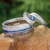 Meteorite & Dinosaur Bone Wedding Ring Set, Matching Blue Rings 2 Meteorite & Dinosaur Bone Wedding Ring Set, Matching Blue Rings -Johan Jewelry Shop E4319TI 1467TIArtCropped 5 7