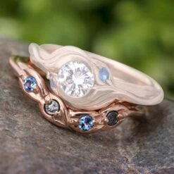 Custom Wedding Band With Gemstone Accented Leaf Design