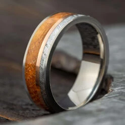 Meteorite & Whiskey Barrel Wood Wedding Band With Gold Pinstripe