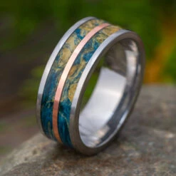 Blue Box Elder Burl Wood Wedding Band In Titanium With Copper Pinstripe -Johan Jewelry Shop E4353ArtFebruaryCropped 2
