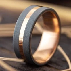 Sandblasted Titanium Wedding Band With Gold Pinstripe