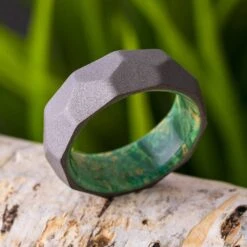 Faceted Men's Wedding Band With Green Box Elder Wood Sleeve