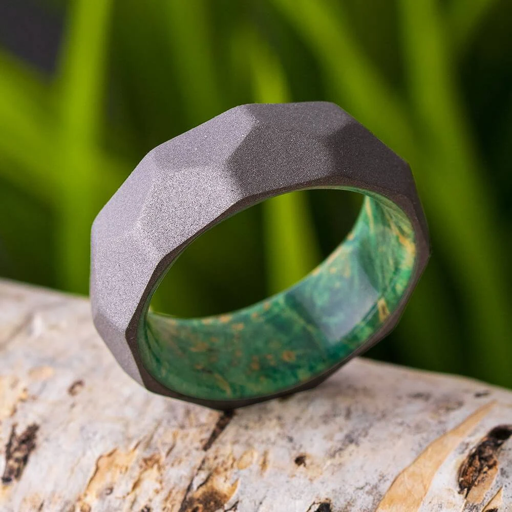 Faceted Men's Wedding Band With Green Box Elder Wood Sleeve 3 Faceted Men's Wedding Band With Green Box Elder Wood Sleeve
