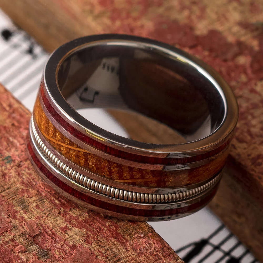 Guitar String Ring With Whiskey Oak And Bloodwood In Titanium 3 Guitar String Ring With Whiskey Oak And Bloodwood In Titanium