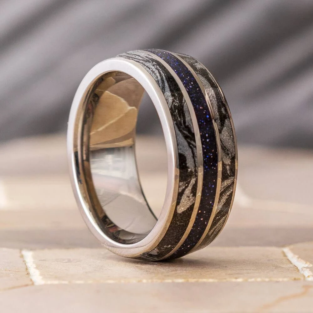 Blue Goldstone Men's Wedding Band With Black And White Mokume 3 Blue Goldstone Men's Wedding Band With Black And White Mokume