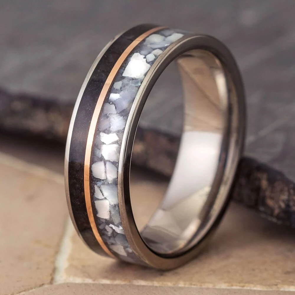 Dinosaur Bone Wedding Band With Mother Of Pearl And Gold 3 Dinosaur Bone Wedding Band With Mother Of Pearl And Gold