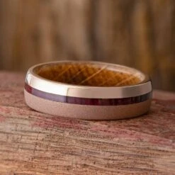 Sandblasted Rose Gold Wedding Band With Whiskey Oak