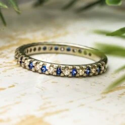 Blue Sapphire Wedding Band With Alternating Diamonds