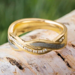 Classic Gold Wedding Band With Meteorite And Diamond Twist