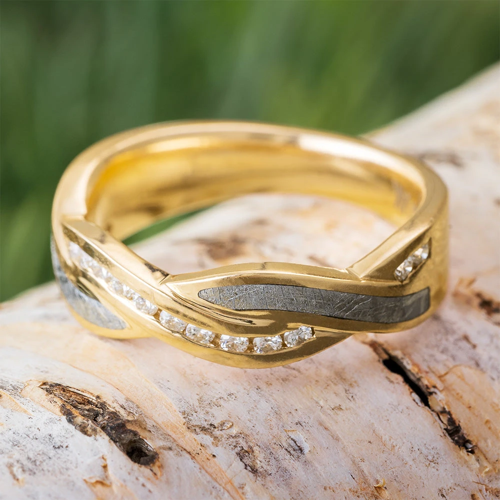 Classic Gold Wedding Band With Meteorite And Diamond Twist 3 Classic Gold Wedding Band With Meteorite And Diamond Twist