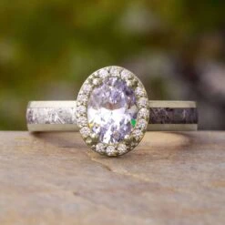 Meteorite & Oval Halo Moissanite Engagement Ring