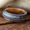 Antler And Guitar String Ring With Whiskey Barrel Wood Sleeve