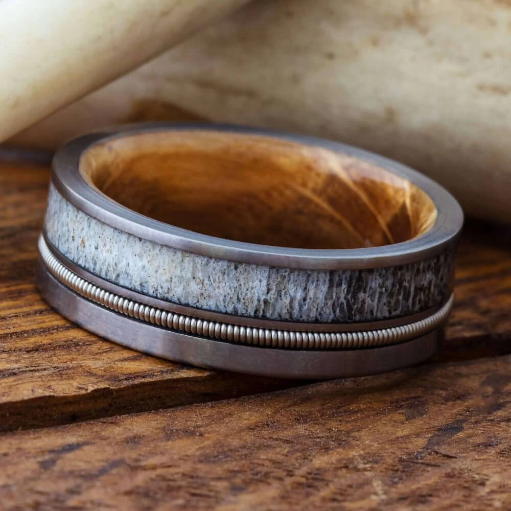 Antler And Guitar String Ring With Whiskey Barrel Wood Sleeve 3 Antler And Guitar String Ring With Whiskey Barrel Wood Sleeve