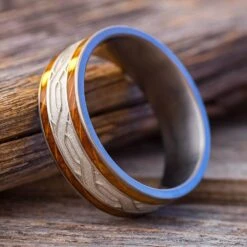 Whiskey Barrel Wood Wedding Band With Silver Celtic Knot Pattern