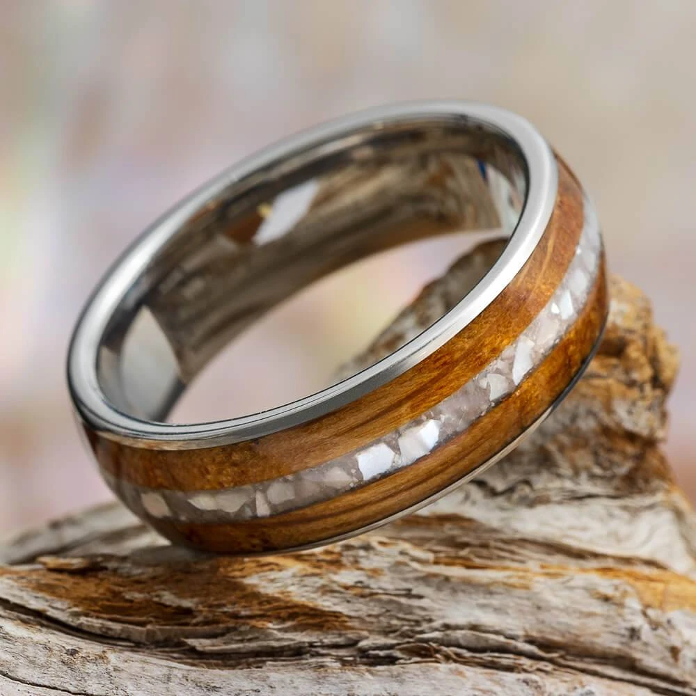 Whiskey Barrel Wood Wedding Band With Crushed Pearl 3 Whiskey Barrel Wood Wedding Band With Crushed Pearl