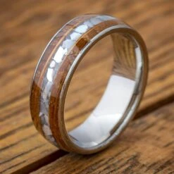 Whiskey Barrel Wood Wedding Band With Crushed Pearl 15 Whiskey Barrel Wood Wedding Band With Crushed Pearl -Johan Jewelry Shop E4590ArtCropped 4