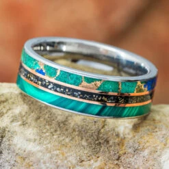 Green Men's Wedding Band With Malachite, Stardust And Turquoise