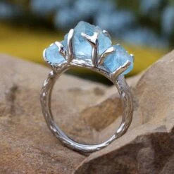 Three Stone Engagement Ring With Rough Aquamarines