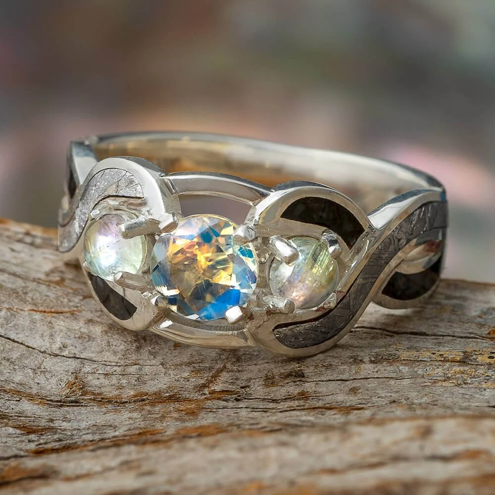 Triple Moonstone Engagement Ring With Meteorite And Dino 3 Triple Moonstone Engagement Ring With Meteorite And Dino
