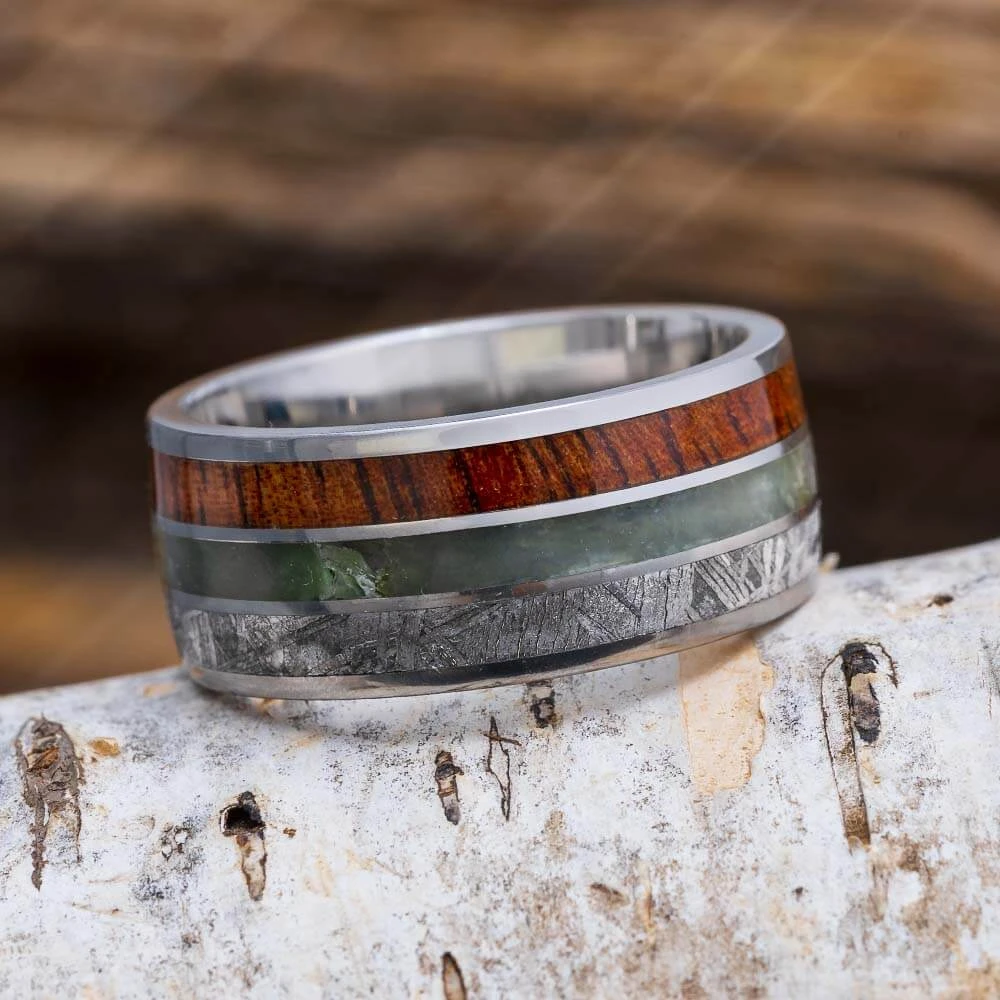 Men's Wide Meteorite Wedding Band With Jade And Koa Wood 3 Men's Wide Meteorite Wedding Band With Jade And Koa Wood