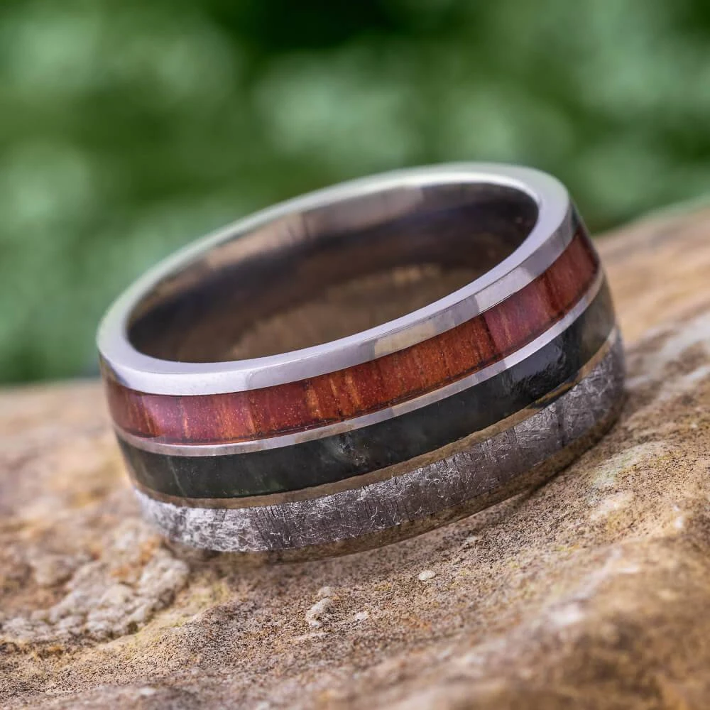 Men's Wide Meteorite Wedding Band With Jade And Koa Wood 9 Men's Wide Meteorite Wedding Band With Jade And Koa Wood - Image 7