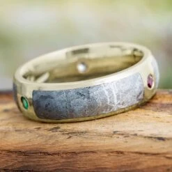 Meteorite Wedding Band With Gemstones