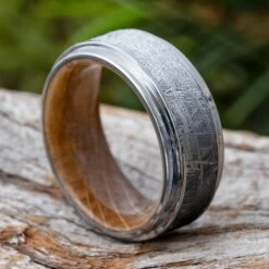 Meteorite Wedding Band With Whiskey Barrel Wood Sleeve -Johan Jewelry Shop E4737ArtCropped 2