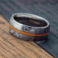 Meteorite Ring With Orange Enamel Pinstripe