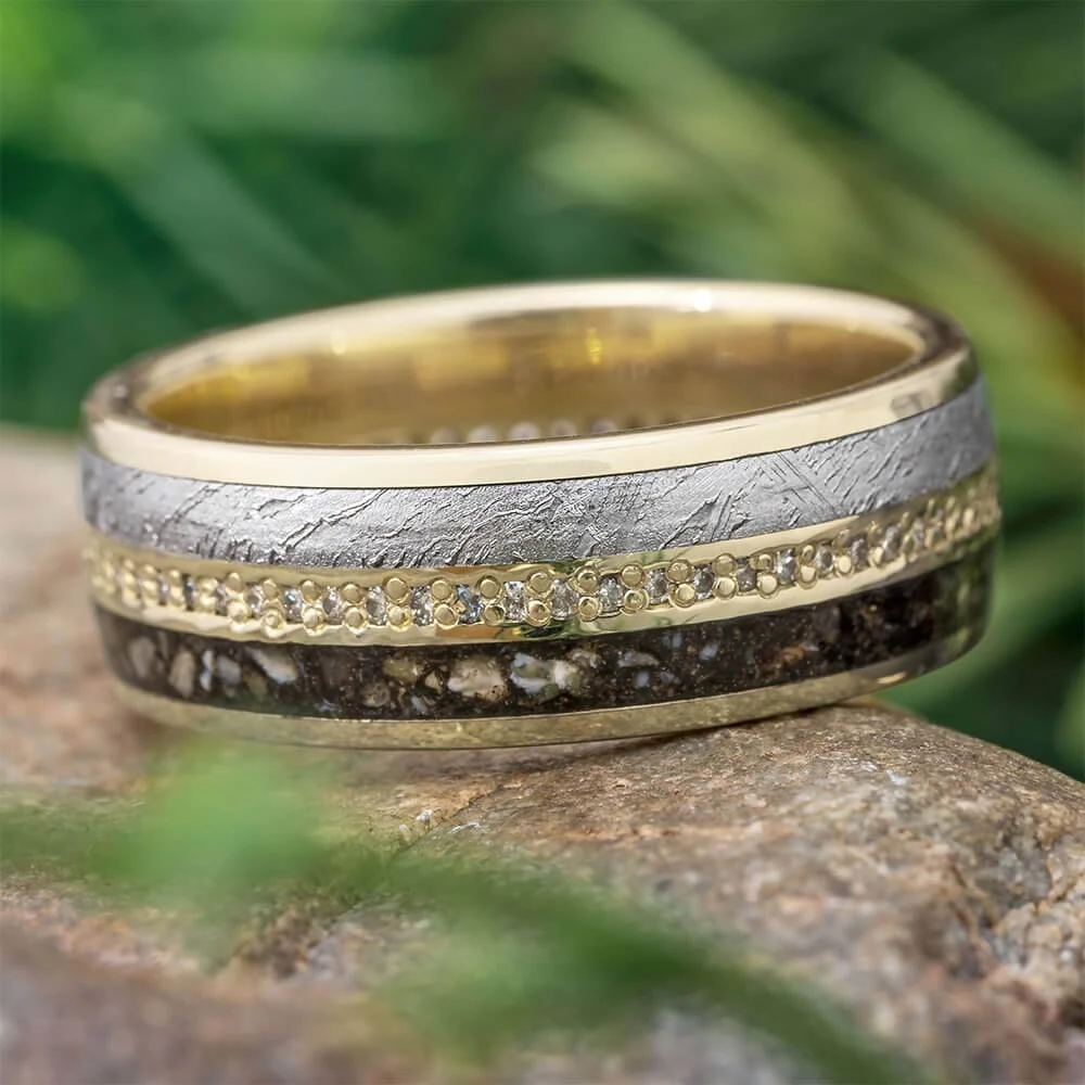 White Gold Eternity Band With Meteorite & Dinosaur Bone 3 White Gold Eternity Band With Meteorite & Dinosaur Bone