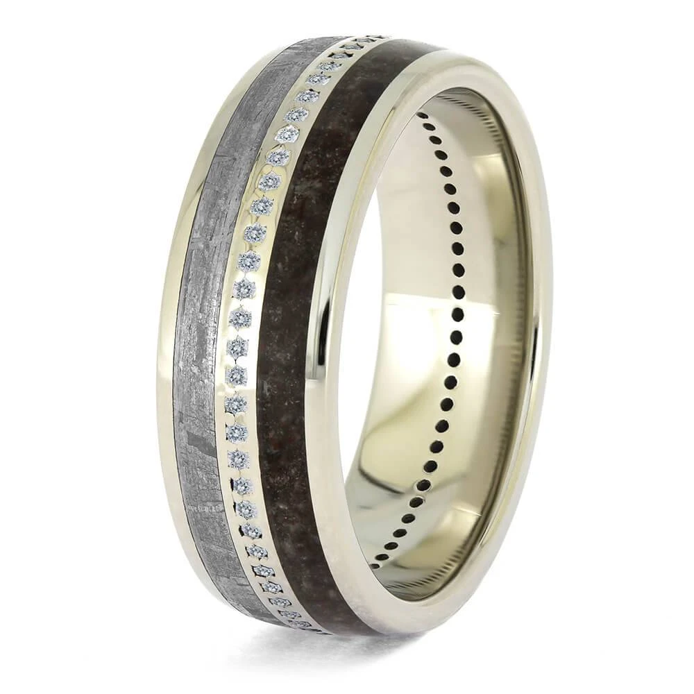 White Gold Eternity Band With Meteorite & Dinosaur Bone 6 White Gold Eternity Band With Meteorite & Dinosaur Bone - Image 4