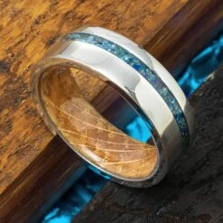 Micro Blue Diamond Wedding Band With Whiskey Wood Sleeve