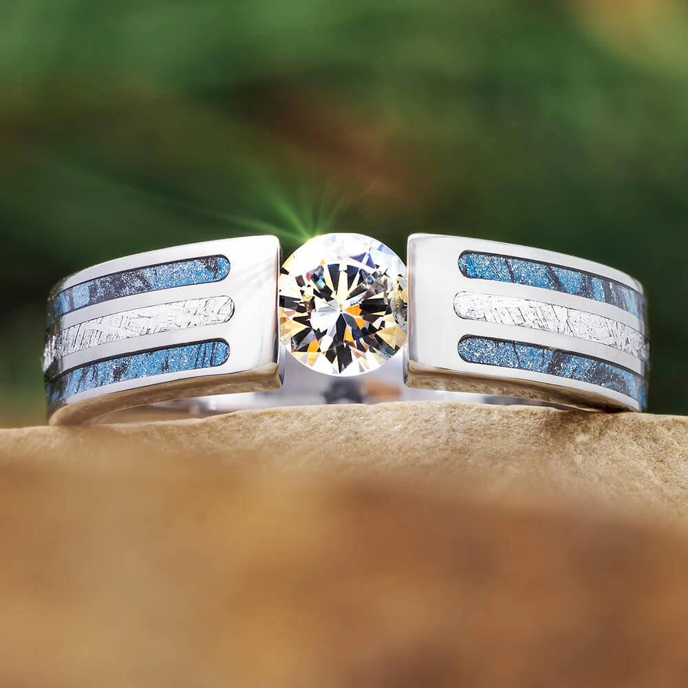 Cobaltium Mokume Gane Engagement Ring With Meteorite 3 Cobaltium Mokume Gane Engagement Ring With Meteorite