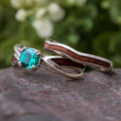 Wood Bridal Set With Solitaire Square Emerald Stone 13 Wood Bridal Set With Solitaire Square Emerald Stone -Johan Jewelry Shop E4783ArtCroppedIronwood 3