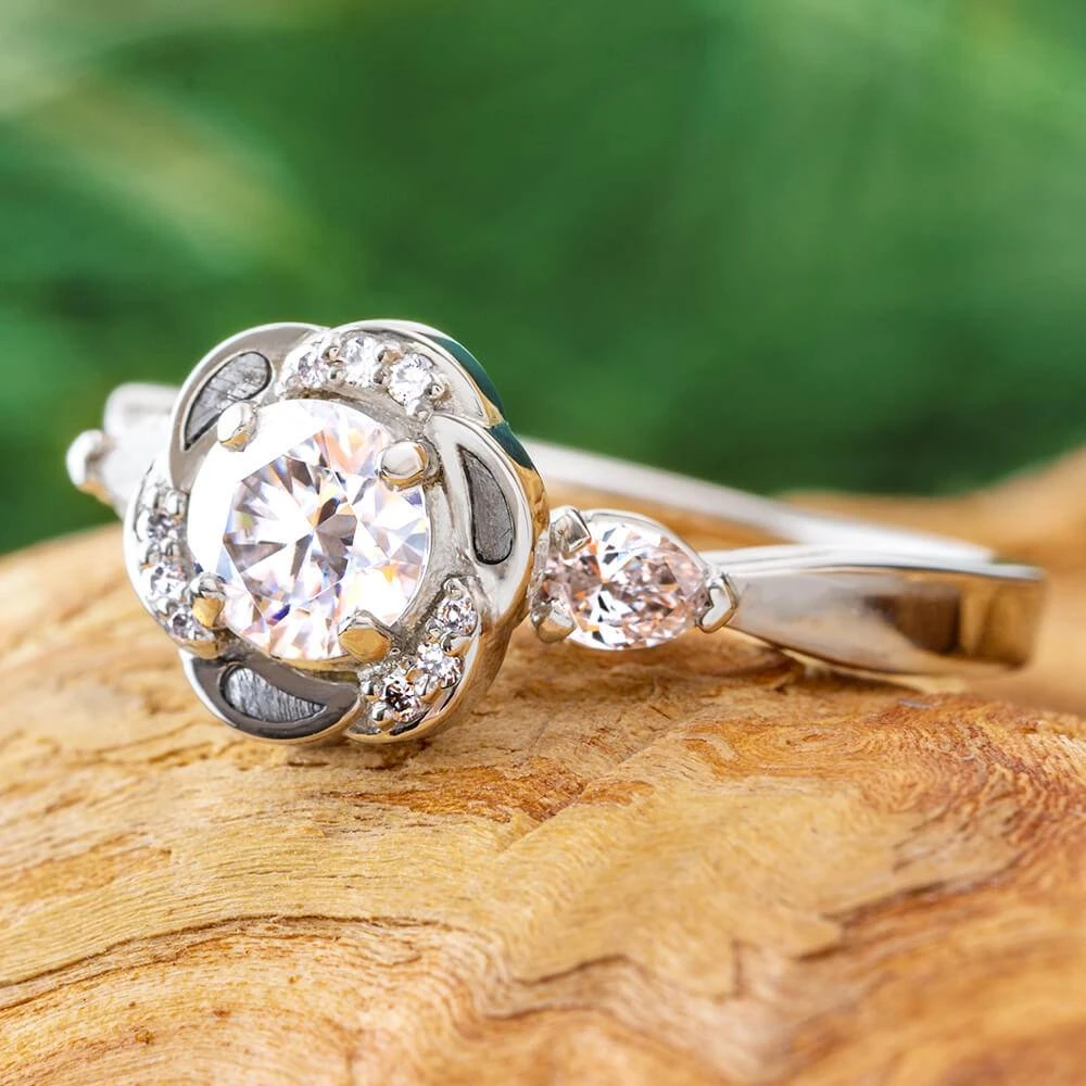 Meteorite Platinum Engagement Ring With Diamond Flower Design 9 Meteorite Platinum Engagement Ring With Diamond Flower Design - Image 7